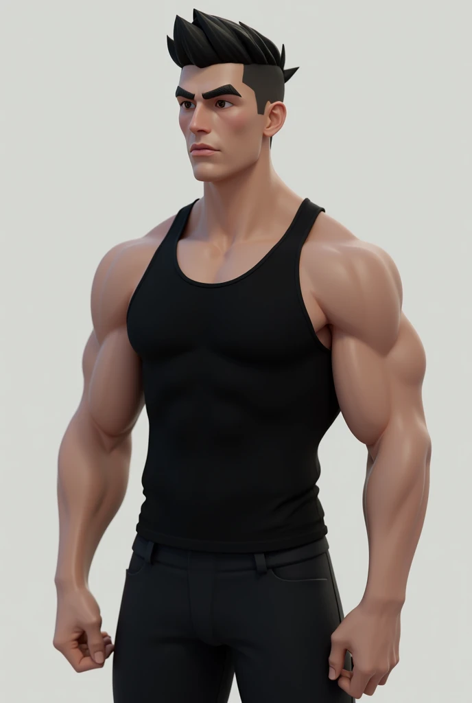 Medium build male with short black hair wearing black pants and black tank top 