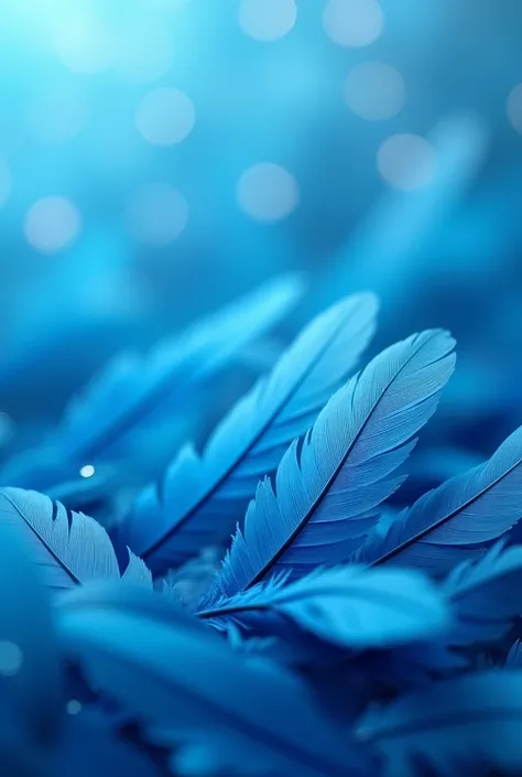 are randomly arranged、color々Blue feather、Close-up、The background is blue, sparkly and blurry.