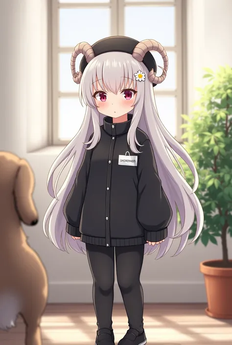 1girl, solo, looking at viewer, blush, hat, animal ears, closed mouth, brown eyes, standing, full body, white hair, shoes, indoors, medium hair, black footwear, black jacket, black headwear, window, black pants, beret, white flower, child, puffy long sleev...