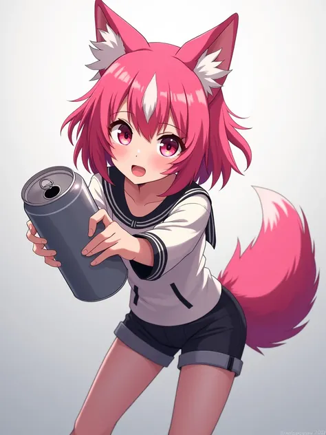 1 girl, Long hair, bob hairstyle bangs, original, animal ears, cola, pink hair, Shorts, Canine, wolf ears, pink eyes without retina, anime, wolf tail, animal ear fluff, Shorts negros, Shorts, wolf girl, chica eyes, Canine afuera, medium small , small glute...