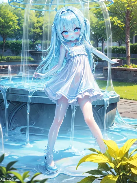 1 slime girl, ((blue skin)), (((cute))), Expressive eyes, (Perfect Face), (((Baby Face))), Flat Chest, long hair, dress, happy, (Dancing), Park with a fountain, Fantastic landscape, detail perfect piece, ultra detailed, Wide-Angle, move chart, 16k, anatomi...