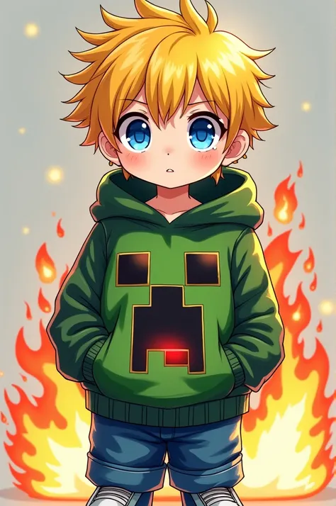 Anime boy with blue eyes and yellow hair with a green and black sweater with a creeper logo on fire and blue pants and white shoes 