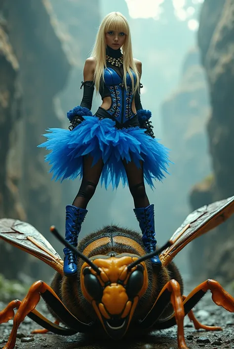 Hannah Montana with long blonde hair and bangs and blue and black outfit in Lady Gaga style stepping on the giant wasp 