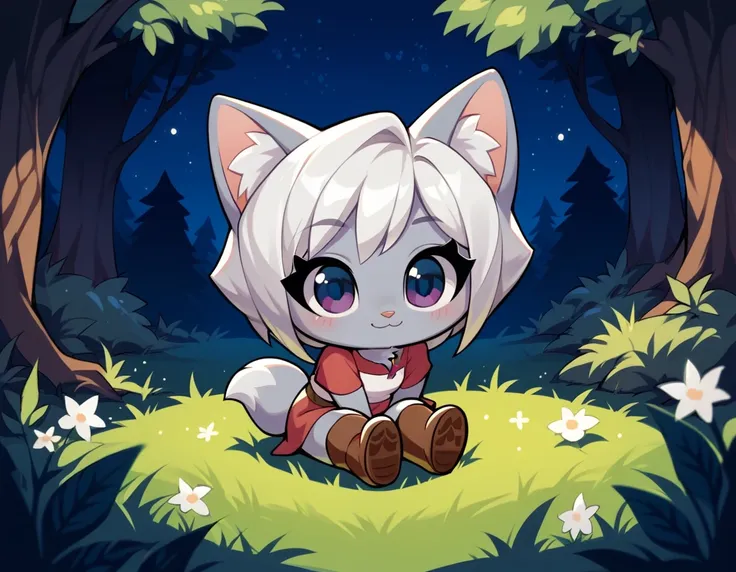 score_9, score_8_up, score_7_up, 1girl, little fox, kid girl fox, chibi, silver fur, white hair, sitting on grass, night, forest...