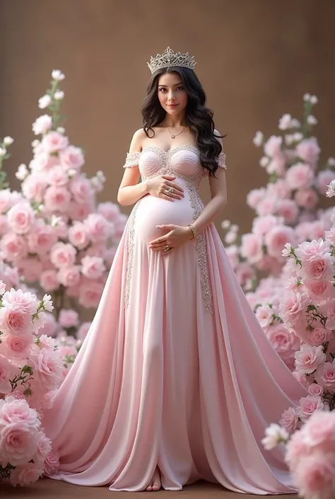 A woman in a soft pink gown adorned with floral accents and a train poses gracefully. She is wearing a sparkling crown, gold bracelet, and ring, with long wavy hair cascading down her shoulders. Her hands rest gently on her baby bump, and she stands barefo...