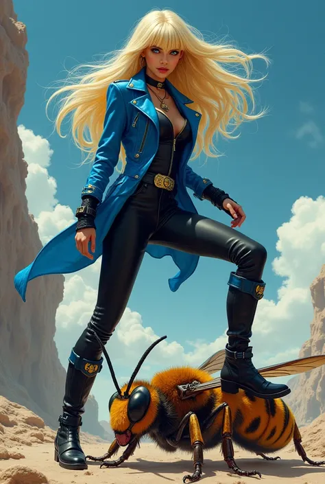 Hannah Montana with long blonde hair with bangs and blue and black outfit in Lady Gaga style stepping on the giant wasp stepping on it humiliating it 