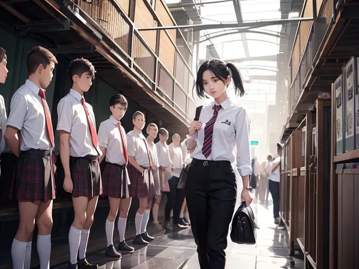 school, pants style girls, black hair,