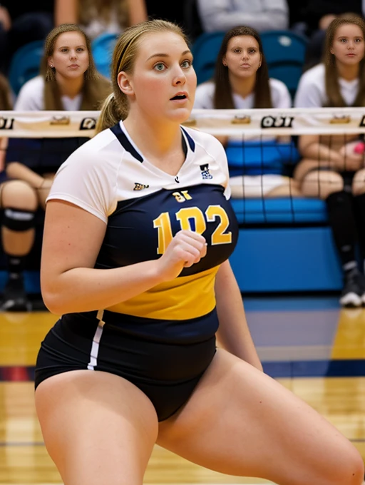 A very fat white woman volleyball player, has very fat legs and huge thighs