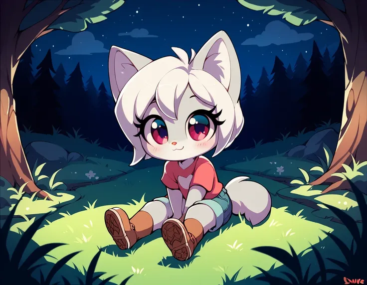 score_9, score_8_up, score_7_up, 1girl, little fox, kid girl fox, cub, silver fur, white hair, sitting on grass, night, forest, ...