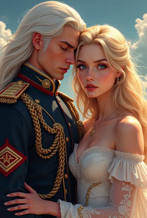 Wattpad Cover Dedicated to Novel by Impossibly Beautiful Young Femme Fatale, Incredibly beautiful blonde, Princess of Venus and General of the Earth Army, At all, Beautiful, stately, masculine mature man with long straight platinum hair. anime style.