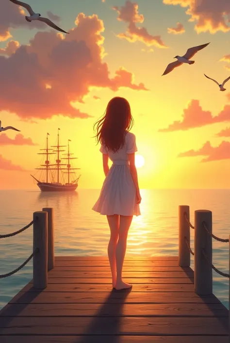 Summer pier、1 female、Back view、evening、A sky with a gradation of yellow, rose, and orange、Seagulls fly in the sky、The ship sails offshore、