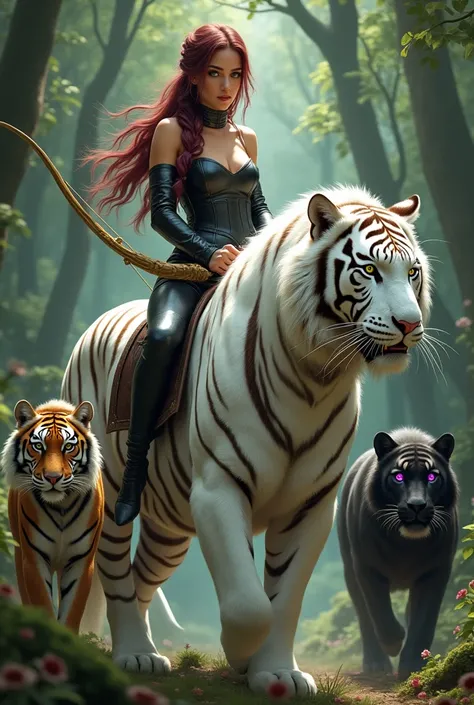 young woman, with long wine-colored hair tied in a braid, greeneyes, in black leather clothing riding on a white tigress with a golden bow and arrow in front next to a centaur, and a black tiger with purple eyes in the forest