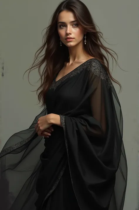 Brunette girl in black saree 