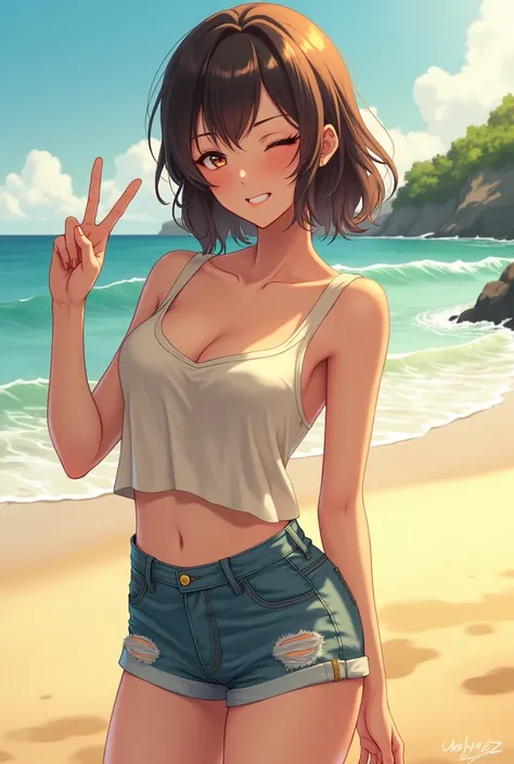 20s Japanese lady, beach, casual clothes, anime style, hair, one hand peace sign next to black eye, one eye wink, mature