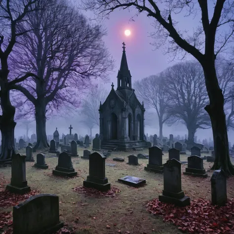 moody and mysterious image of a gothic cemetery at dusk. old, weathered gravestones stand among twisting trees, their branches r...