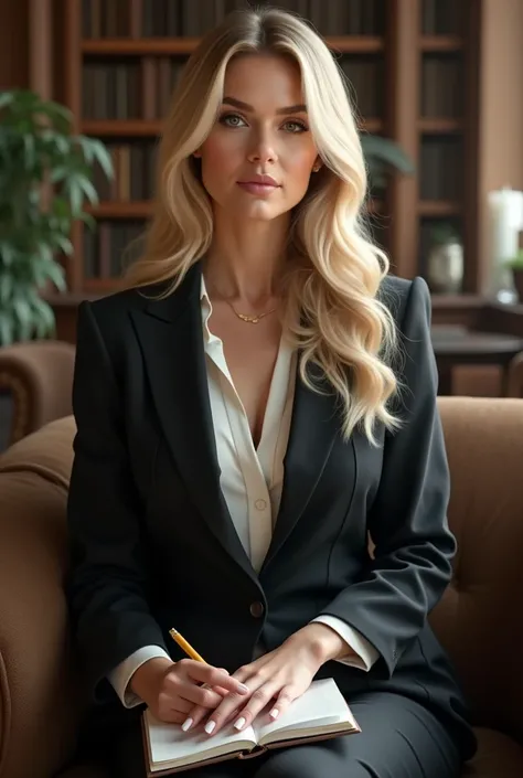 Blonde woman with long hair,33 in both ,69 kg ,elegant outfit ,eyes browns,sitting holding a notebook in her hand and on her lap and looking like an empowered woman with a visible face to facilitate face switching 