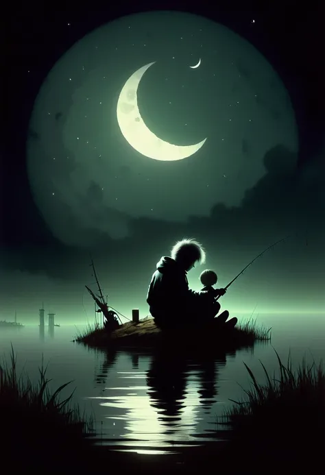 Ashley Wood Style, dark scarlet background, chemiluminescence. (animation. Boy fishing sitting on a crescent moon, evening, 1 manager, romance, fairy tale background) (Minimalism: 1), ray tracing details...Stephen Gammell Style - Iai in Stephen Gammell sty...