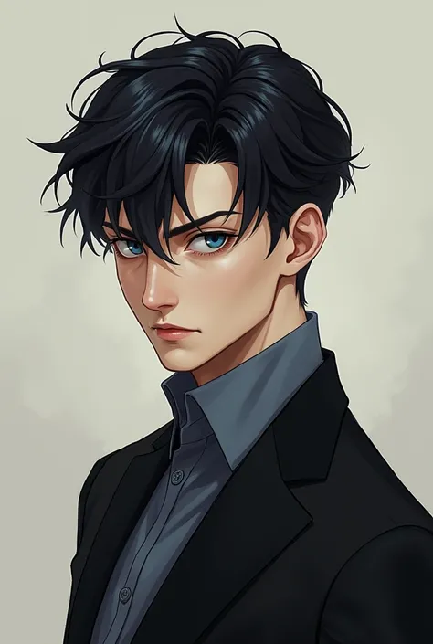 A young man with blue eyes and black hair, He has a lively look and is a little reserved., He has an elegant bearing and exerts authority with his presence..