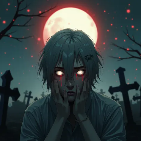 Make a man with medium hair and completely white eyes, hands on face and red tears falling, desperation, loneliness, depression, I put scribbles on top of the head in the shape of a figure, cemetery background, moon and sun united radiating light High reso...