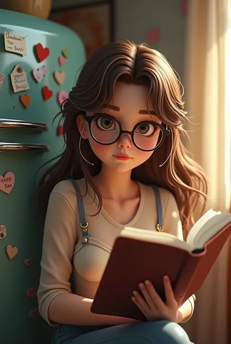 3D image of a woman with long hazelnut hair with bangs and white strands, she wears glasses. is with a book next to a refrigerator with heart-shaped magnets and little notes stuck to it.