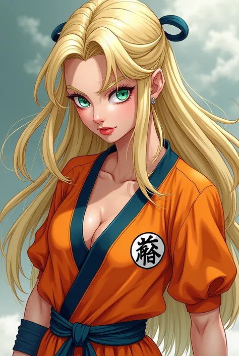 dragon ball drawing style, blonde woman darker long hair, green eyes with big eyes, light blonde eyebrows, White skin, reddish and fleshy lips, with Goku&#39;s training uniform
