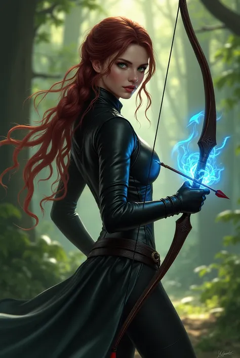 Young woman with long wine hair and braid, greeneyes, in black leather outfit standing in forest with bow and blue flame arrow