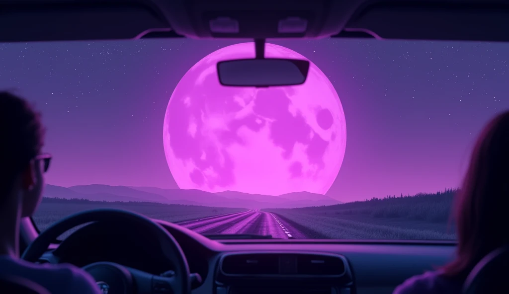 Large purple gradient moon, there are 6 purple gradient moons in a diagonal line infront of the larger moon, the sky is tinted purple, the view is from inside a car on the road, and sky has little stars all over, 1440p, desktop wallpaper 