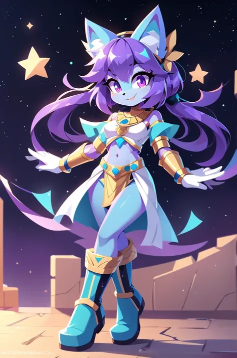 complete body, face perfect, cabelo roxo, Star Guardian, purple and cyan eyes, bright purple eyes, long eyelashes, cyan blue fur, cyan blue cat ears, ssmile doce,tummy,arms ,flegs ,waist,feet,boots casual adventurer outfit. purple and cyan hair, fake cat e...