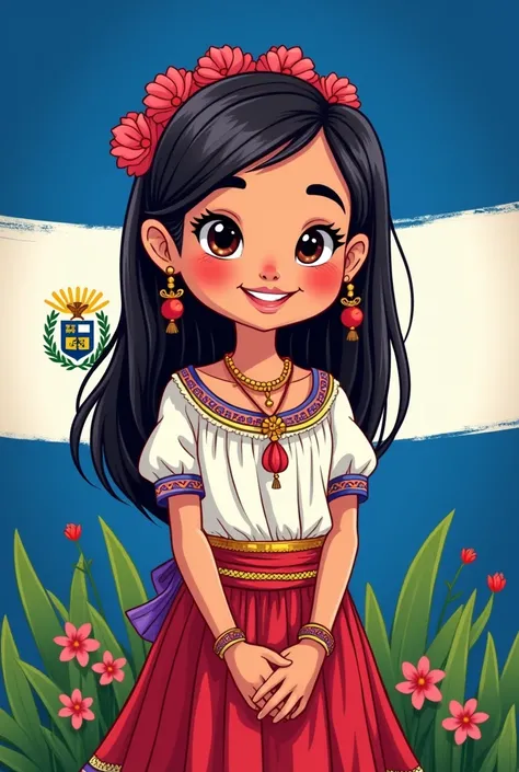 Image of a girl dressed in a typical Honduran costume,  a background with the Honduran flag in blue and white tones and the department of Yoro straight hair, genuine happy white skin beautiful smile. cartoon poster style that says LESLY