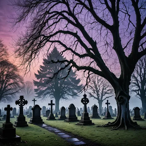 moody and mysterious image of a gothic cemetery at dusk. old, weathered gravestones stand among twisting trees, their branches r...