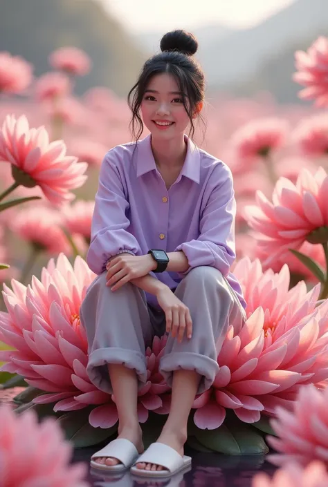 A real scene where there is a beautiful Korean woman,smooth white skin,,black hair in a Korean-style bun ,light purple shirt, knee length cargo pants.cool black watch sandals , white undershirt, smiling looking at the camera ,sitting on a chrysanthemum flo...