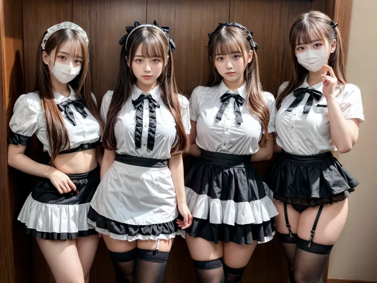 Beautifull girls in maid uniform with Aside Cutter Shirt, frill skirt, bow ribbon and long knee high socks,wearing a mask, large breasts, perfect body shape