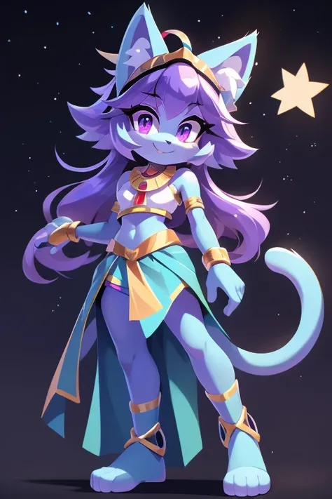 complete body, face perfect, cabelo roxo, Star Guardian, purple and cyan eyes, bright purple eyes, long eyelashes, cyan blue fur, cyan blue cat ears, ssmile doce.tummy,arms ,flegs ,waist,feet,bootiesroupa casual de aventureira. purple and cyan hair, fake c...