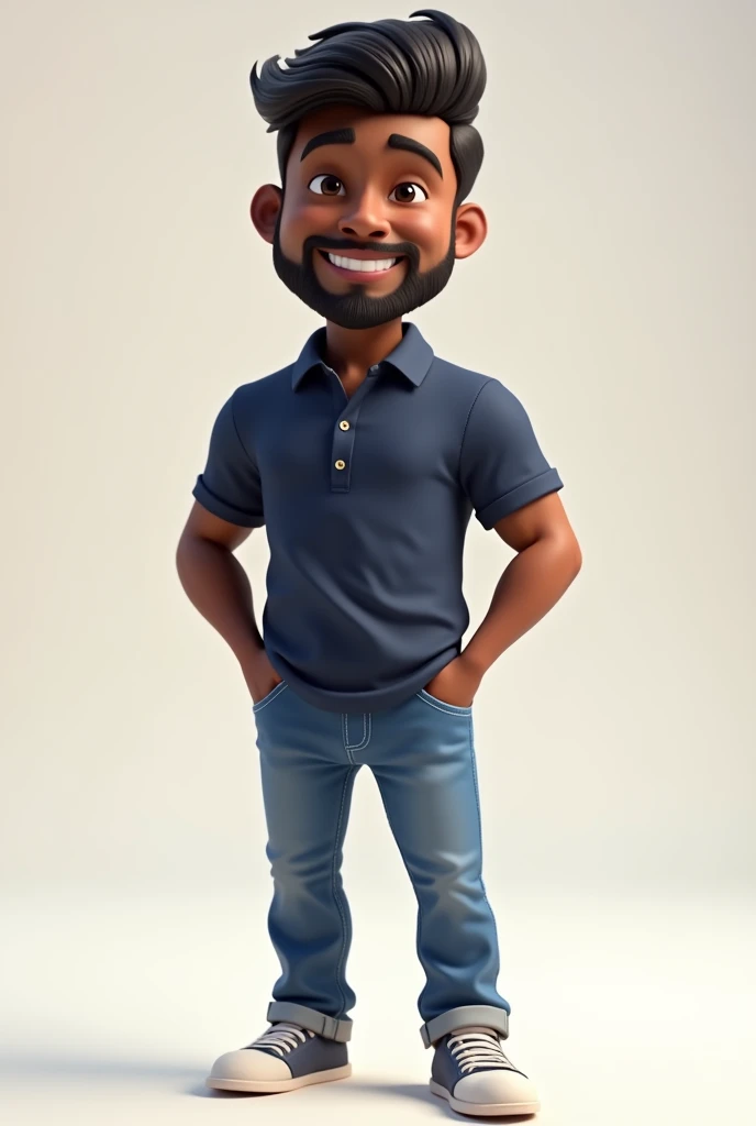 Create a 3D cartoon style image of a dark-skinned man in his 30s with straight hair combed to the side and a clean-shaven beard wearing a navy blue polo shirt, jeans and sneakers. 

