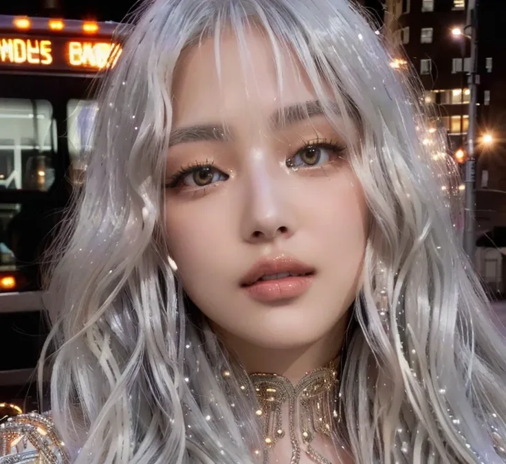 long wavy platinum blonde hair and golden eyes, Shiny silver dress with intricate beading, Indoor and outdoor urban environment with a bus and buildings in the background, night lighting with prominent street lamps, Lively atmosphere, side view with soft s...