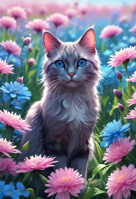 a close up of a cat in a field of flowers, a digital painting, pixiv, beautiful art uhd 4 k, blue and pink colors, realistic cartoon, alexey egorov, vivid colors