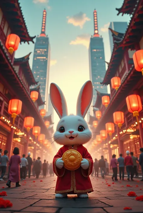 Create a Mid-Autumn Festival photo to place the Mid-Autumn Festival celebrations in a different time and space context。Rabbit holding a modern moon cake，The streets are filled with the prosperity and traditional celebrations of the Tang Dynasty。Or the oppo...