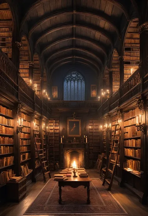 design a detailed image of an ancient gothic library at midnight. tall, dark wooden bookshelves stretch to the ceiling, filled w...