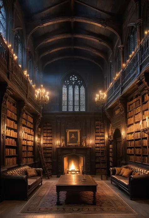 design a detailed image of an ancient gothic library at midnight. tall, dark wooden bookshelves stretch to the ceiling, filled w...