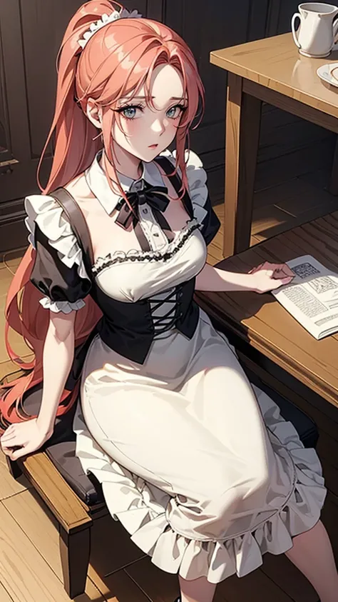 masterpiece,(best quality, illustration,Delicate face:1.3),(1 Girl,Solitary:1.3),Beautiful and delicate eyes,  apron, slope_background, slope, maid, Purple Eyes,red hair,Small Breasts,, rest, enmaided, White_apron, Black_skirt, Ponytail, Black_Footwear, Fr...