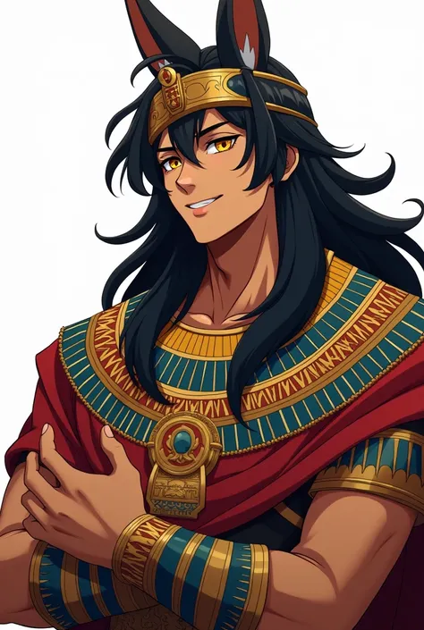 Male anime character with light brown skin, yellow eyes long black hair, kinship with the Egyptian god Anubis, Egyptian King&#39;s clothes, expression of face talking and happy, white background