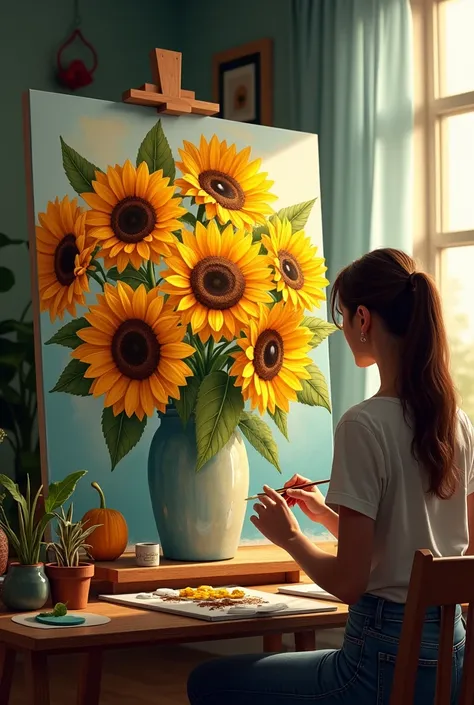 elder sibling gemini artist is painting 8 sunflower in a vase in a hisroom