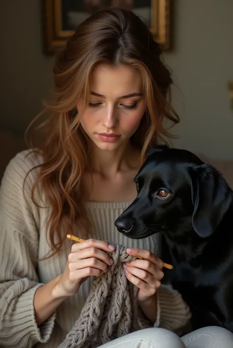 PLEASE CREATE AN IMAGE OF A YOUNG, BRUNETTE WOMAN KNITTING WITH A BLACK PICHER DOG NEXT TO HER 