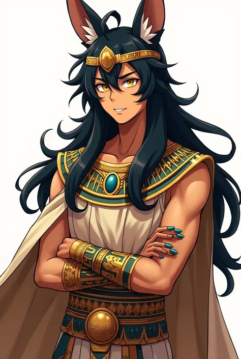 Male anime character with light brown skin, yellow eyes long black hair, kinship with the Egyptian god Anubis, Egyptian King&#39;s clothes, expression of face talking and happy, white background