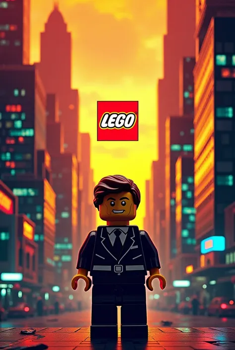 (art deco): A Lego poster replicating the 1927 Metropolis poster, I want the lego figure to be at the front, and in the back the buildings of different sizes with bright colors (red, yellow, blue, green) and I also want the background or sky to be a sunset...