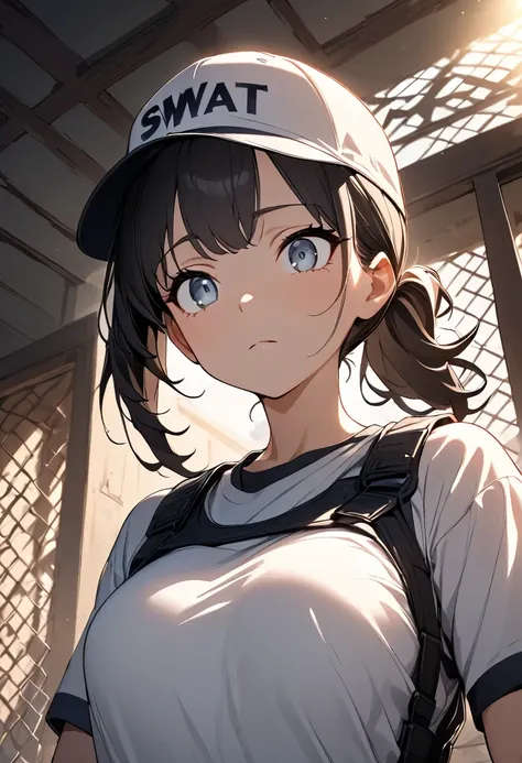 (masterpiece), best quality, 1 girl, solo, thin, upper body, swat uniform, swat baseball cap, jail, Expressionless, constricted pupils, lattice, looking a view, highres, highest quallity, illustration, cinematic light, dramatic shading, evening days, good ...