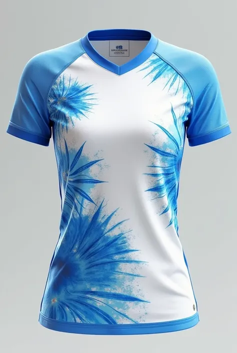 Can you create me a white women&#39;s soccer shirt with fun designs in blue colors?