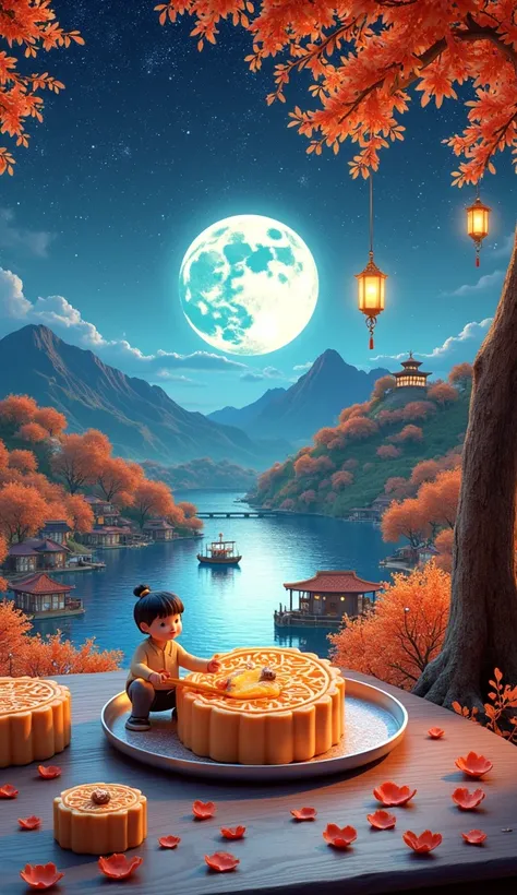 A charming night scene in 3D art style, A peaceful Mid-Autumn Festival. The scene is filled with miniature mooncakes, Sawing wood under the osmanthus tree to deliver mooncakes. Half moon cake with melted fillings，Place on the desktop, Osmanthus petals scat...