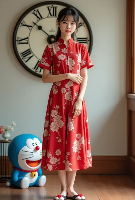 Beautiful Korean girl with tied hair wearing a red floral motif house dress wearing Doraemon character flip flops with a magnificent look, her face focused on the camera, posing for a photo with a wall clock background with a blue Doraemon character. Hd fu...