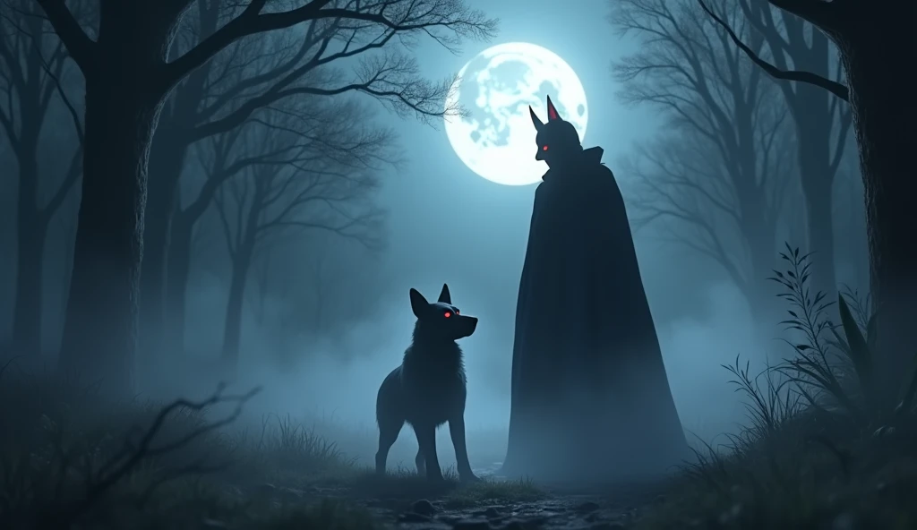 Draw the devil with a cape and a German shepherd dog in front of him and they begin to fade into a dense fog in a dark forest during a full moon night. His eyes glow like burning red embers, as his dark figure gradually fades away. Fog covers the ground an...